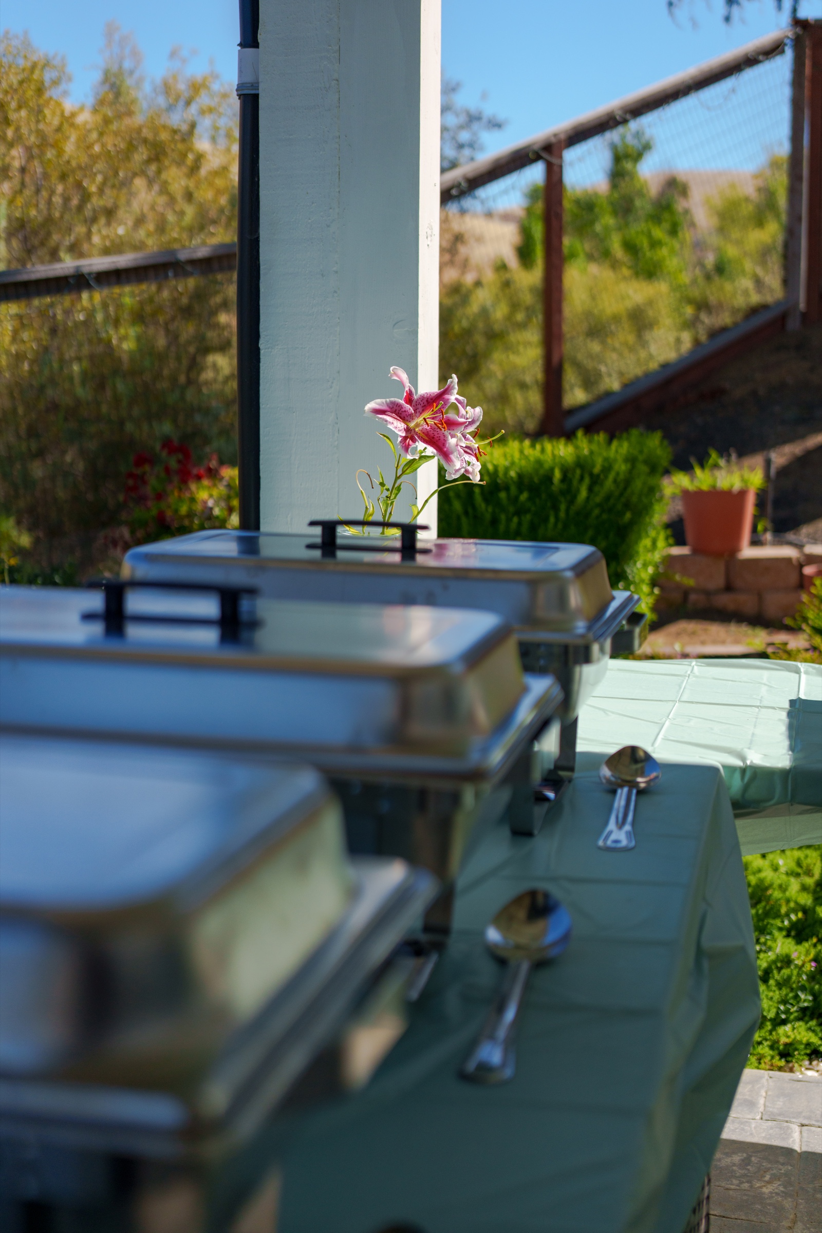 Reception table setting on a garden terrace